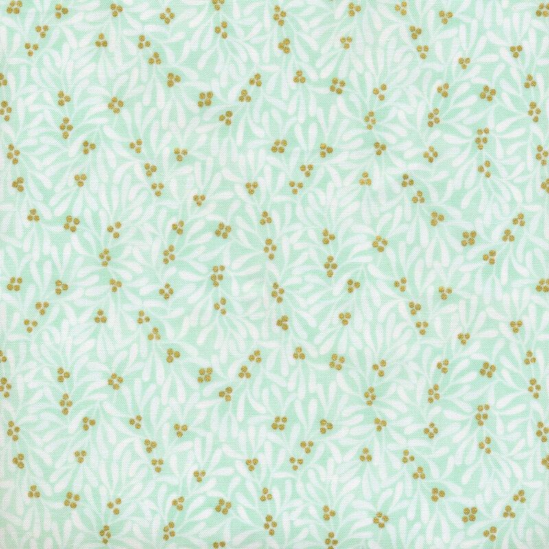 White mistletoe pattern on a mint background.
