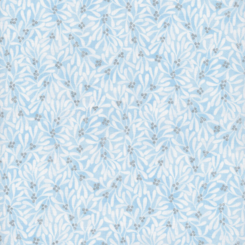 White mistletoe pattern on a light blue background.