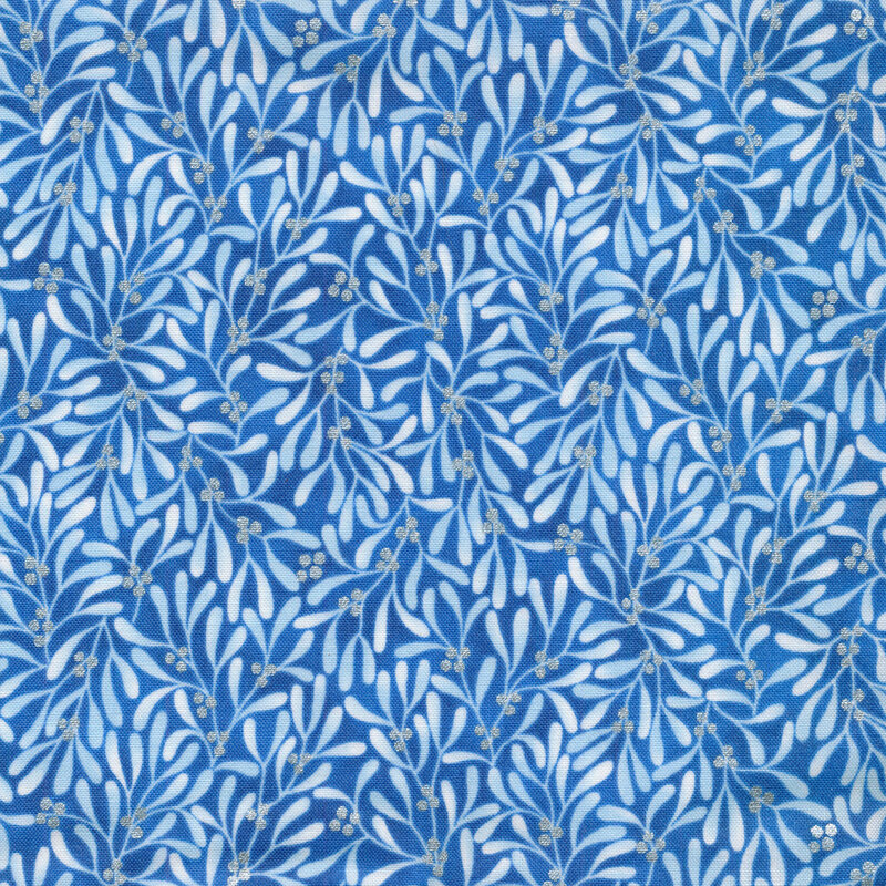 White mistletoe pattern on a blue background.