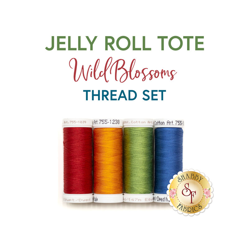 Photo of 4 thread spools in red, orange, green, and blue isolated on a white background with the words 