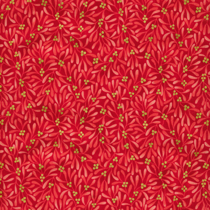 Light red mistletoe pattern on a bright red background with metallic gold berries.