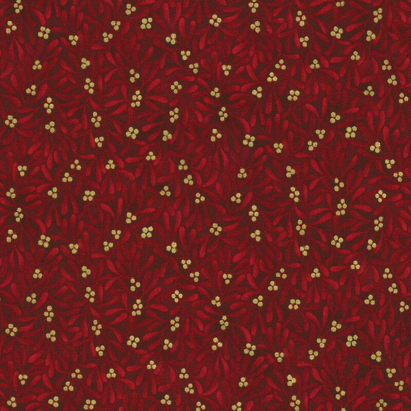 Red mistletoe pattern on a dark red background with metallic gold berries.