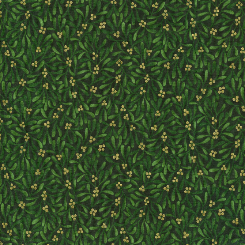 Green mistletoe pattern on a dark green background with metallic gold berries.