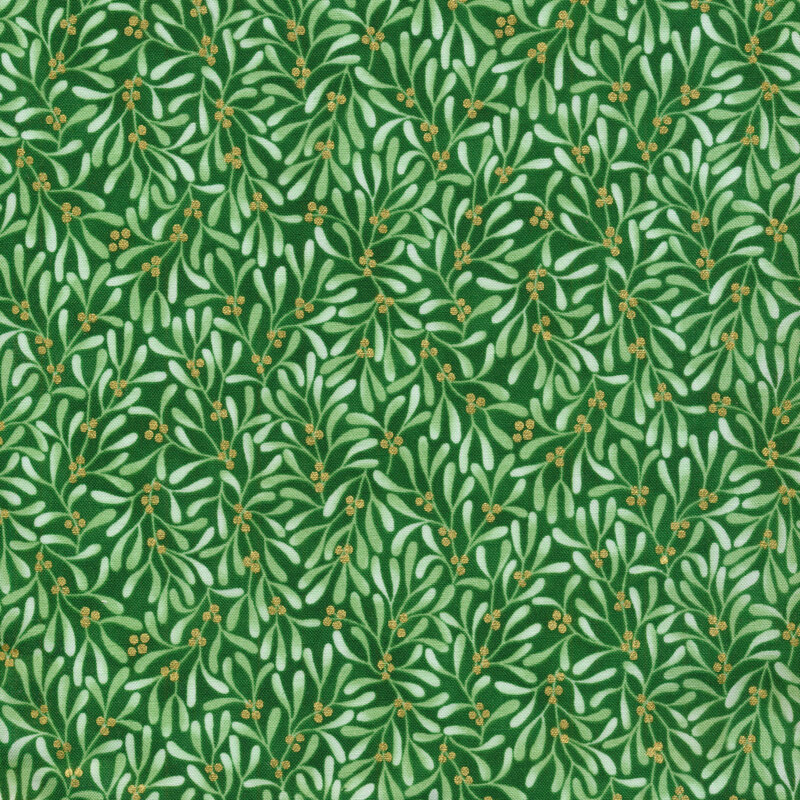 Light green mistletoe pattern on a green background with metallic gold berries.