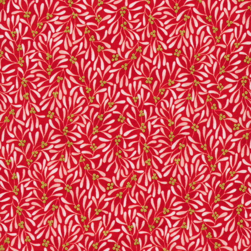 White mistletoe pattern on a bright red background with metallic gold berries.