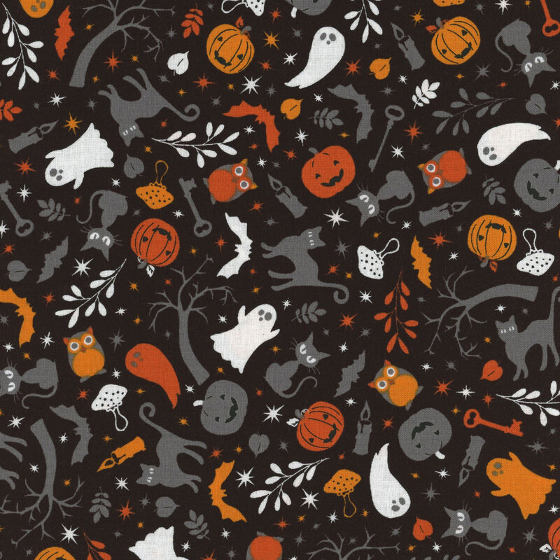 black fabric featuring cats, jack o'lanterns, ghosts and other halloween themed motifs
