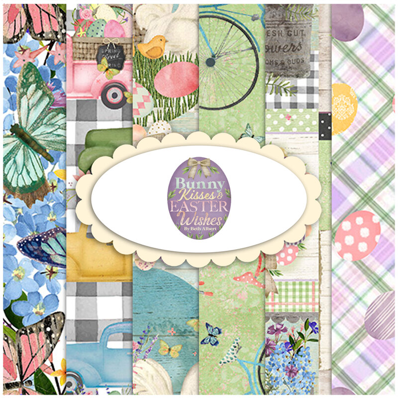 Collage of the fun Easter themed fabrics included in the Bunny Kisses & Easter Wishes collection.