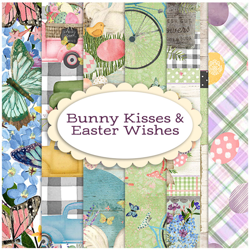 Collage of the fun Easter themed fabrics included in the Bunny Kisses & Easter Wishes collection.