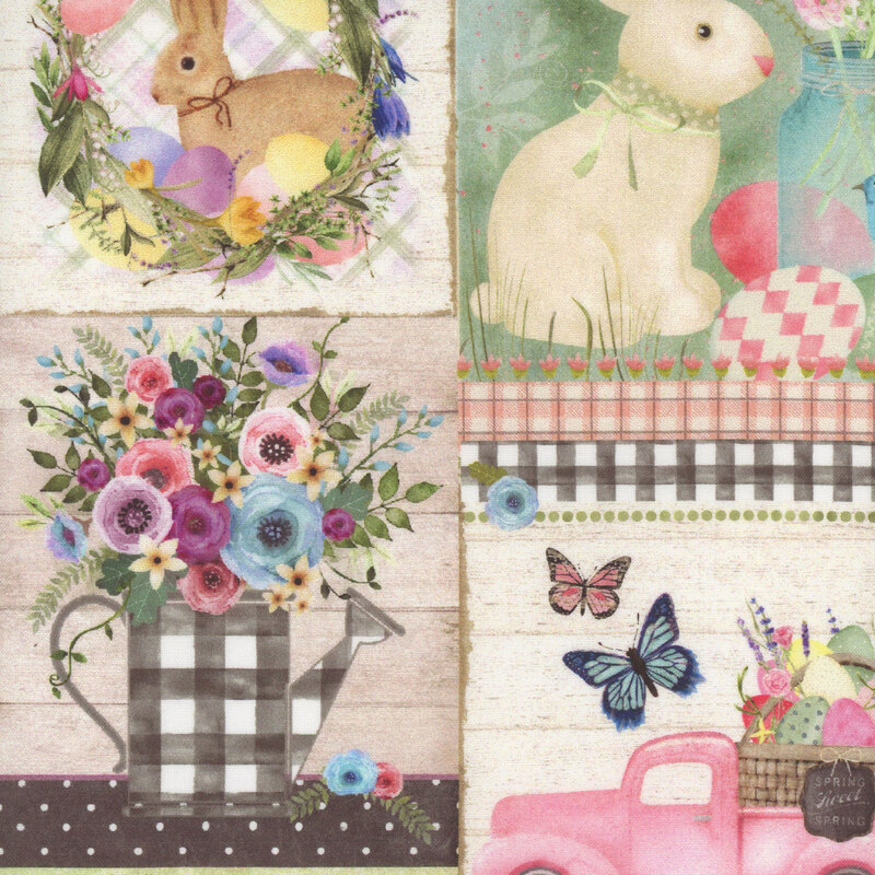 Patchwork pattern fabric featuring bunnies, eggs, trucks, and Easter wreaths.