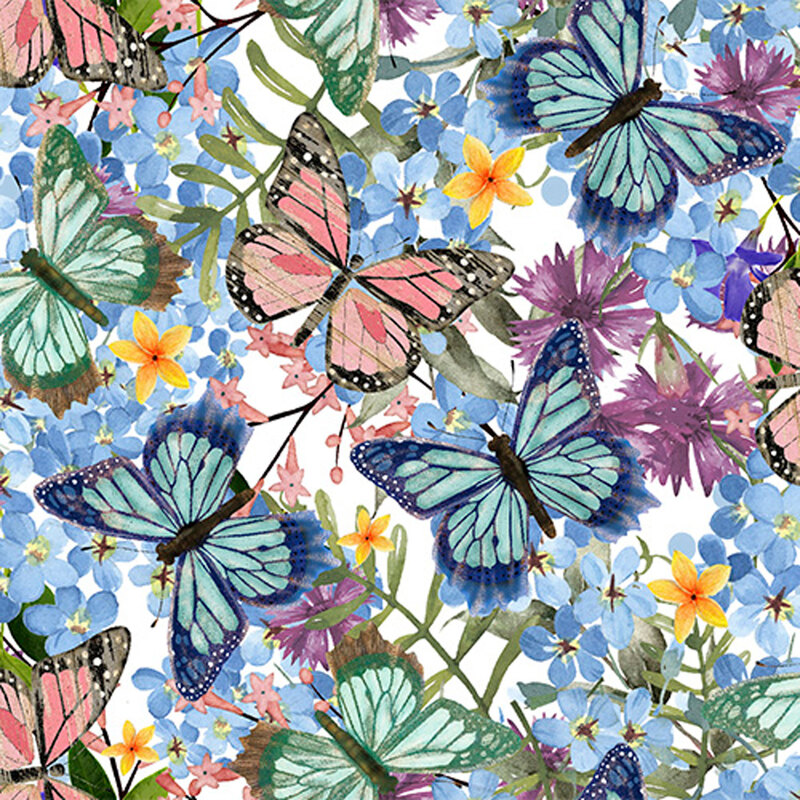 Butterflies and spring flowers on a white background.