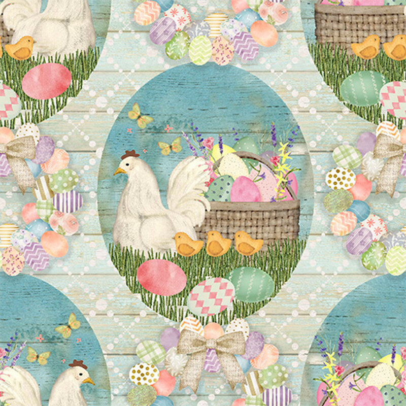 Fabric with a pattern of vignettes of hens and chicks with Easter baskets and Easter egg wreaths, on a mint wood plank patterned background