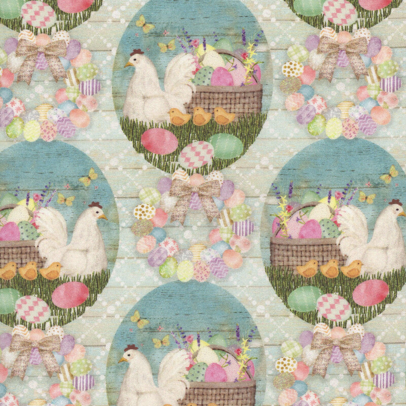 Fabric with a pattern of vignettes of hens and chicks with Easter baskets and Easter egg wreaths, on a mint wood plank patterned background