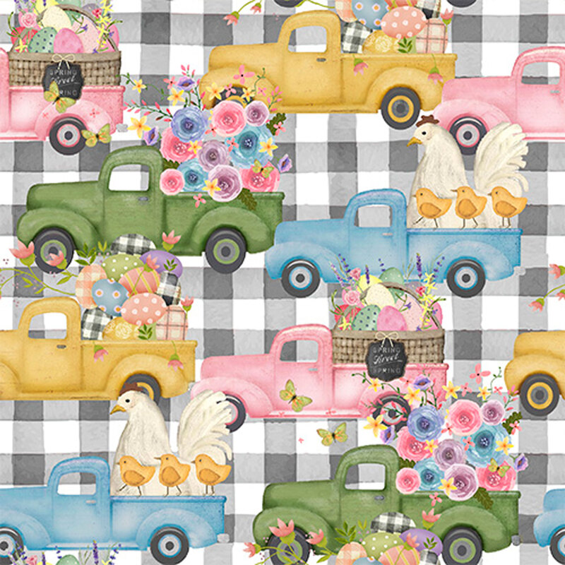 Fabric with a pattern of trucks hauling chickens, flowers, and Easter baskets on a gray gingham background.