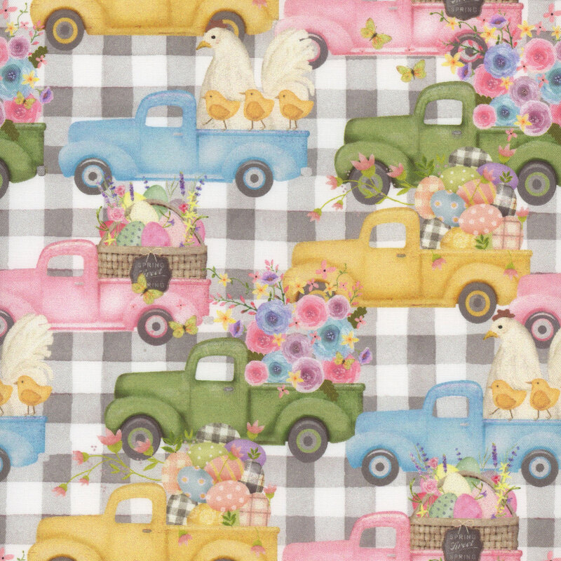 Fabric with a pattern of trucks hauling chickens, flowers, and Easter baskets on a gray gingham background.