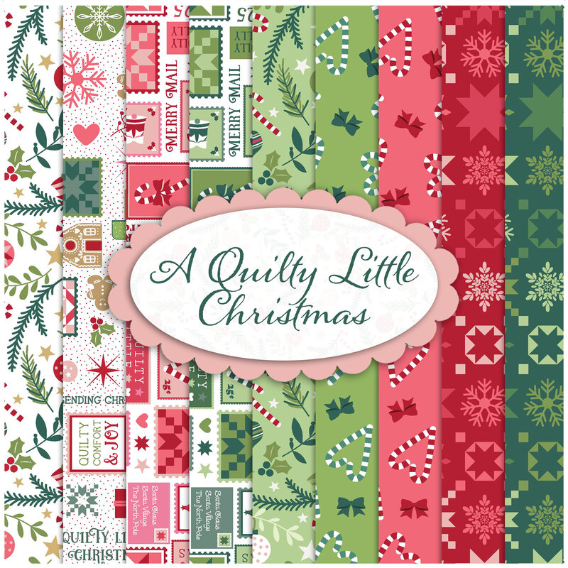 collage of fabrics in A Quilty Little Christmas in shades of red green and white