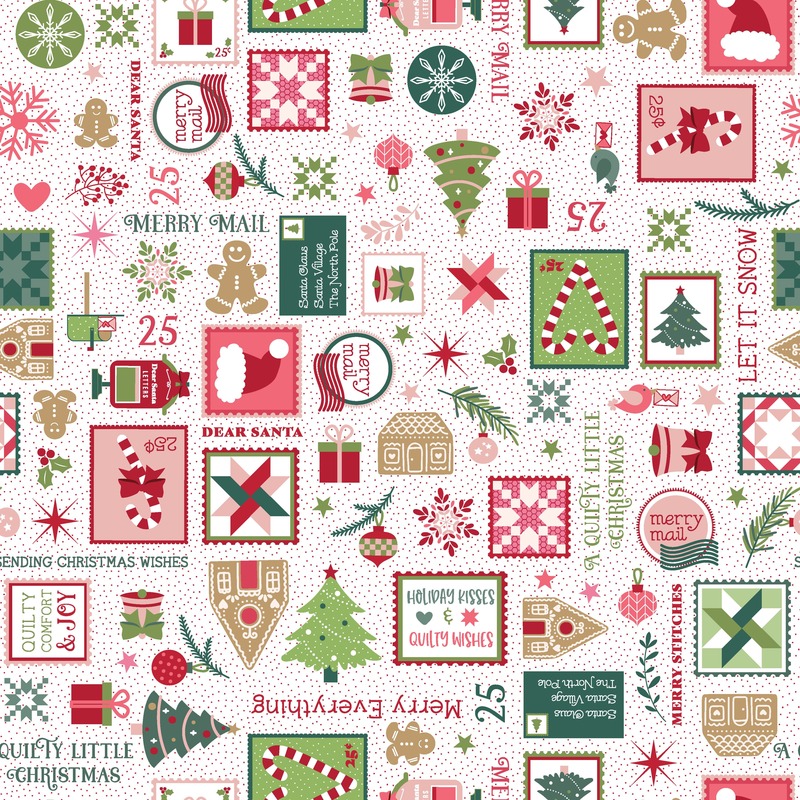 fabric featuring postage stamps and christmas elements on white background