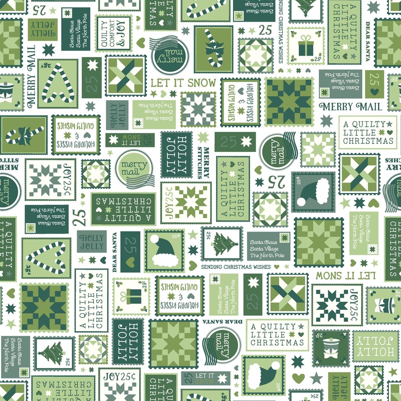 fabric featuring green postage stamps and christmas elements on white background