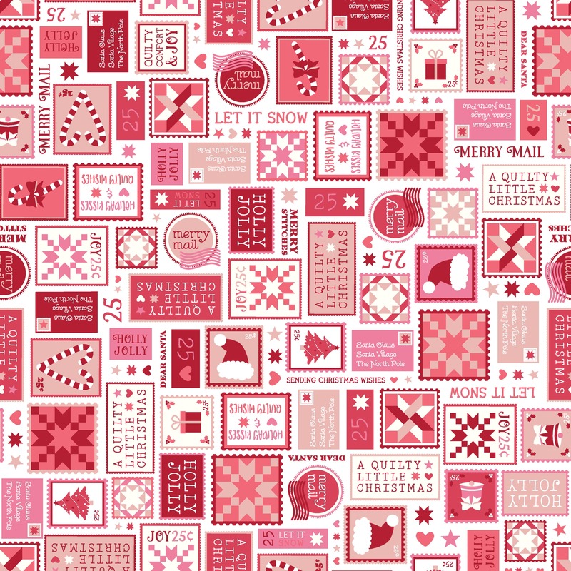 fabric featuring red and pink postage stamps and christmas elements on white background