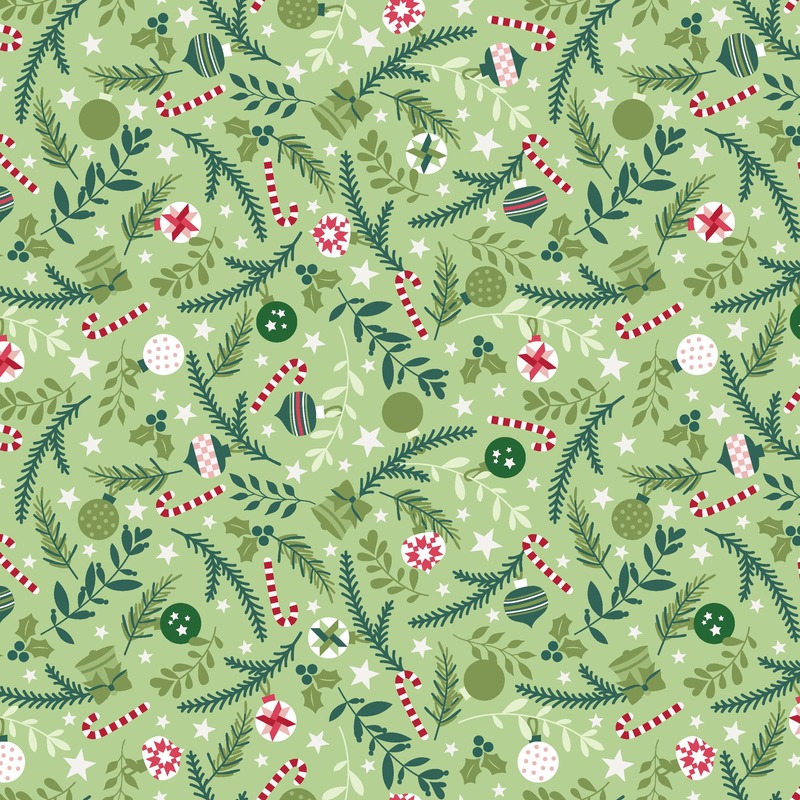 light green fabric featuring leaves, candy canes, and ornaments