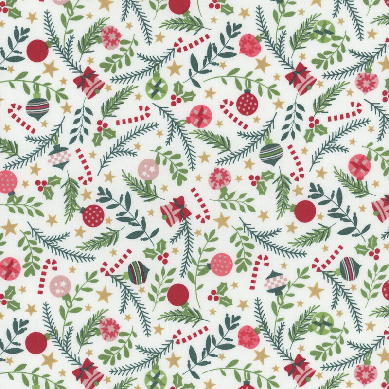 white fabric featuring leaves, candy canes, and ornaments