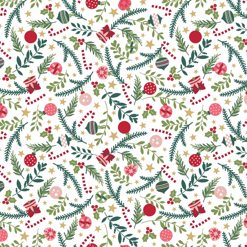 white fabric featuring leaves, candy canes, and ornaments