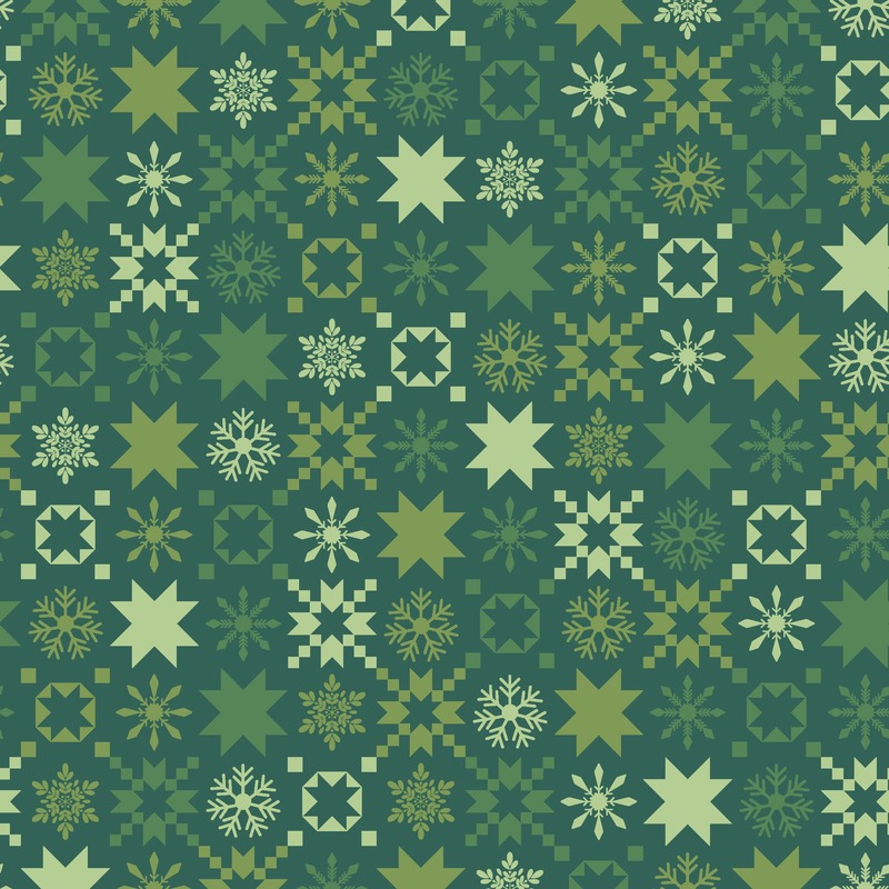Green fabric featuring various snowflakes