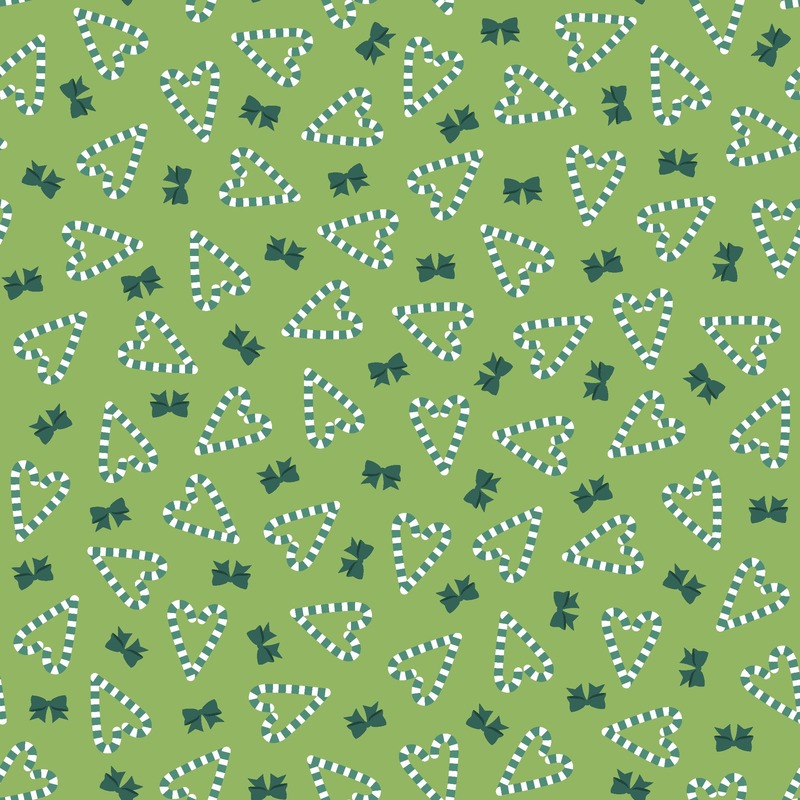 green fabric featuring heart shaped candy canes and bows