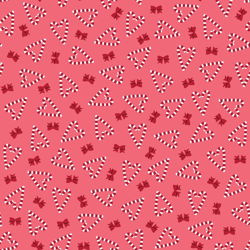 red fabric featuring heart shaped candy canes and bows