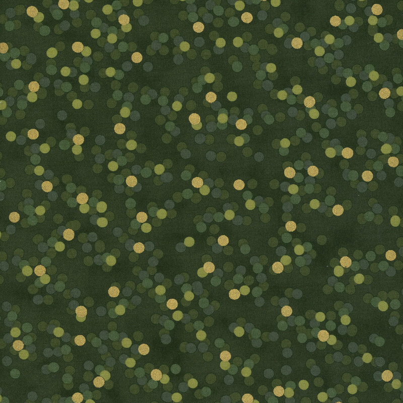 dark green fabric featuring blue and green dots with gold metallic dots