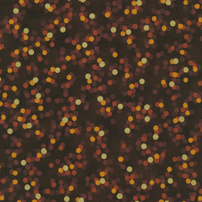 dark brown fabric featuring orange and red dots with gold metallic dots