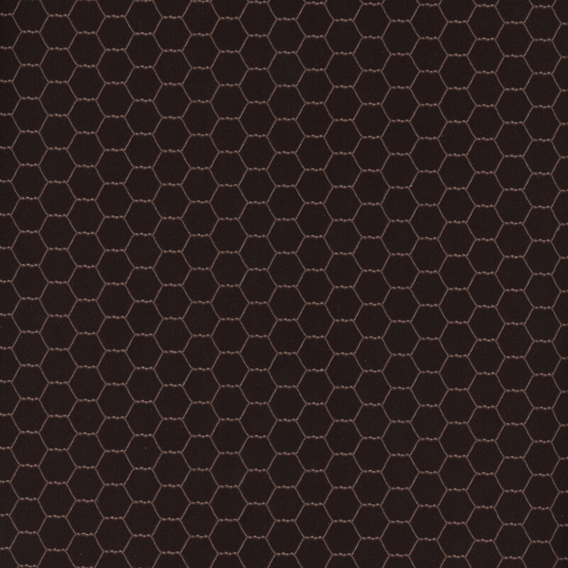 Scan of the fabric, a dark brown chicken wire fence pattern on a black background