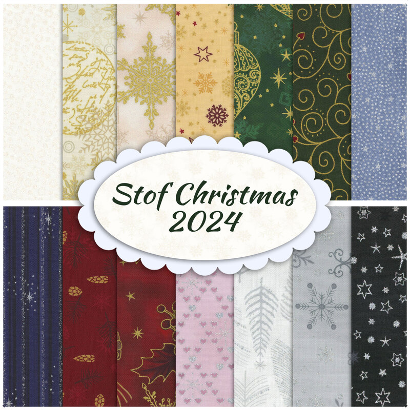 collage of fabrics representing the different Stof Christmas 2024 colorways, in lovely shades of white, cream, green, blue, red, purple, black, and gray