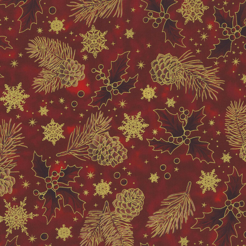 gorgeous mottled red fabric with scattered tonal holly, snowflakes, pinecones, and stars, all beautifully accented with metallic gold