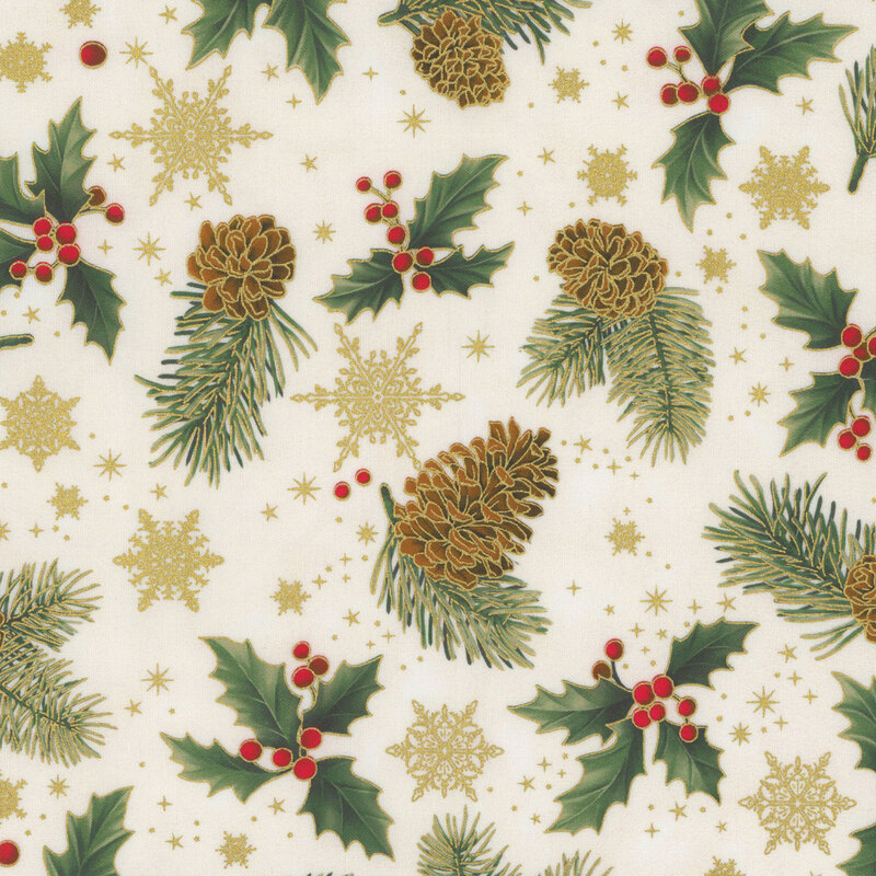 gorgeous cream fabric with scattered holly, snowflakes, pinecones, and stars, all beautifully accented with metallic gold