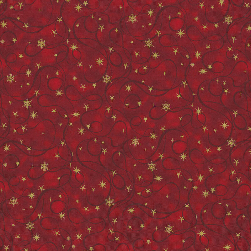 gorgeous red mottled fabric with tonal swirling lines and accented by scattered snowflakes and stars in metallic gold