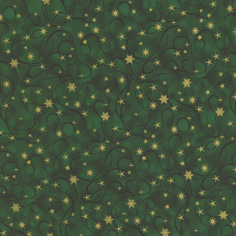 gorgeous green mottled fabric with tonal swirling lines and accented by scattered snowflakes and stars in metallic gold