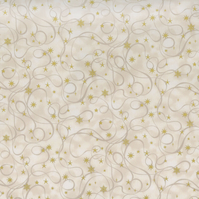 gorgeous cream mottled fabric with tonal swirling lines and accented by scattered snowflakes and stars in metallic gold