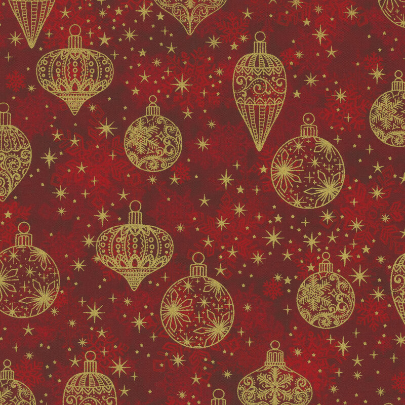 gorgeous red mottled fabric with scattered tonal snowflakes, accented by lovely metallic gold baubles and stars