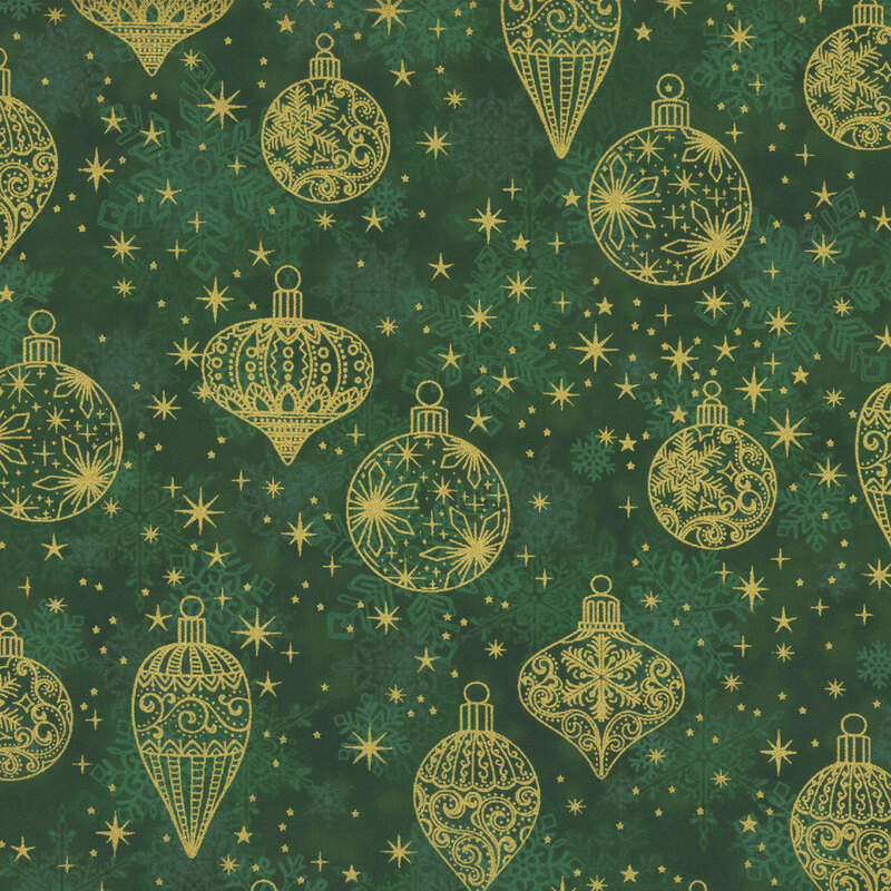 gorgeous green mottled fabric with scattered tonal snowflakes, accented by lovely metallic gold baubles and stars
