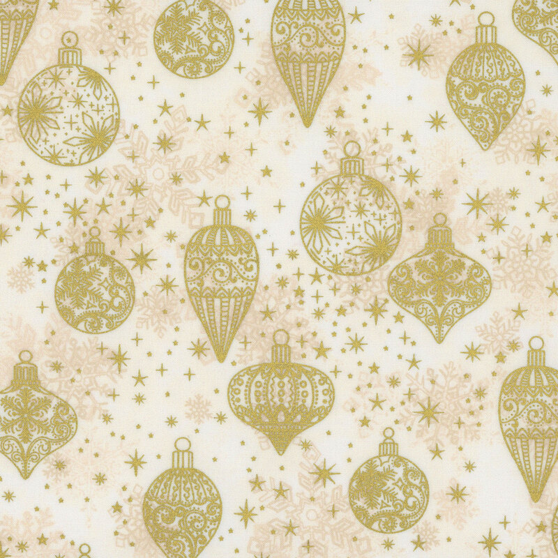 gorgeous cream fabric with scattered tonal snowflakes, accented by lovely metallic gold baubles and stars