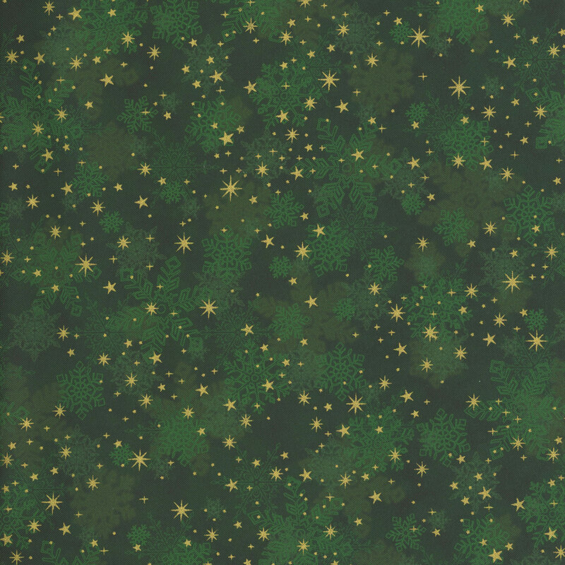 gorgeous mottled green fabric with scattered tonal snowflakes, accented by lovely metallic gold stars