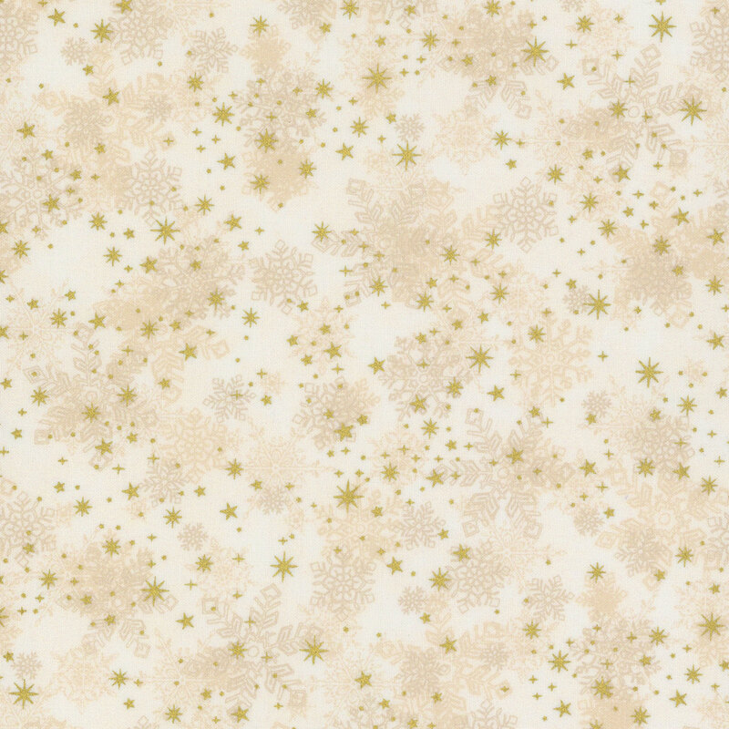 gorgeous cream fabric with scattered tonal snowflakes, accented by lovely metallic gold stars
