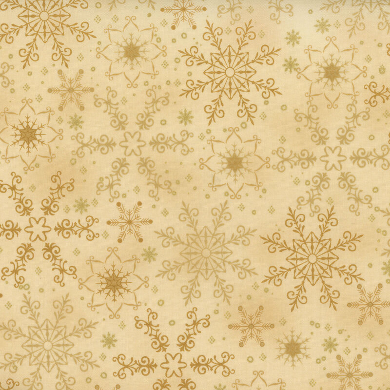 gorgeous warm tan fabric with scattered tonal snowflakes, accented with additional metallic gold snowflakes
