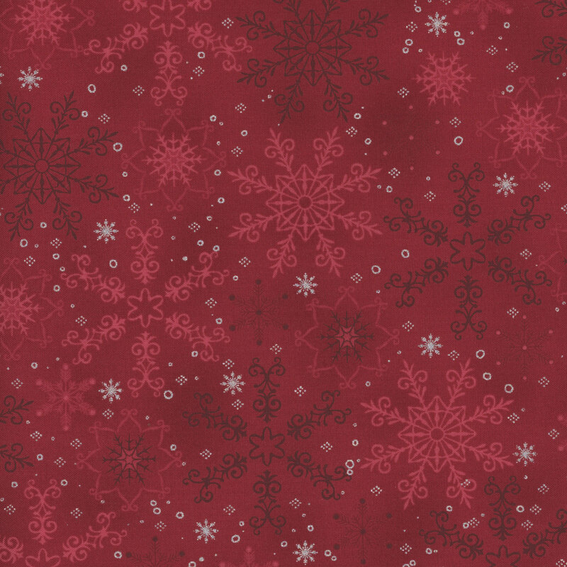 gorgeous deep red fabric with scattered tonal snowflakes, accented with additional metallic silver snowflakes