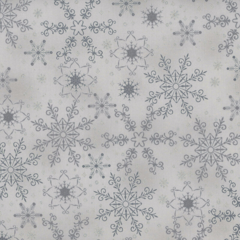 gorgeous light gray fabric with scattered tonal snowflakes, accented with additional metallic silver snowflakes