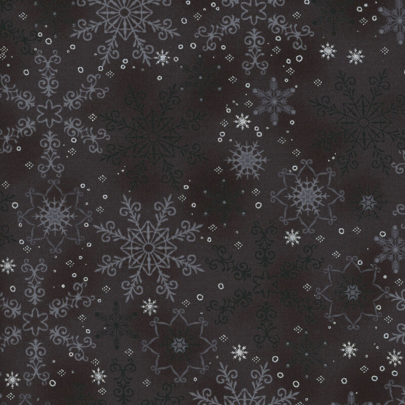 gorgeous black fabric with scattered tonal snowflakes, accented with additional metallic silver snowflakes