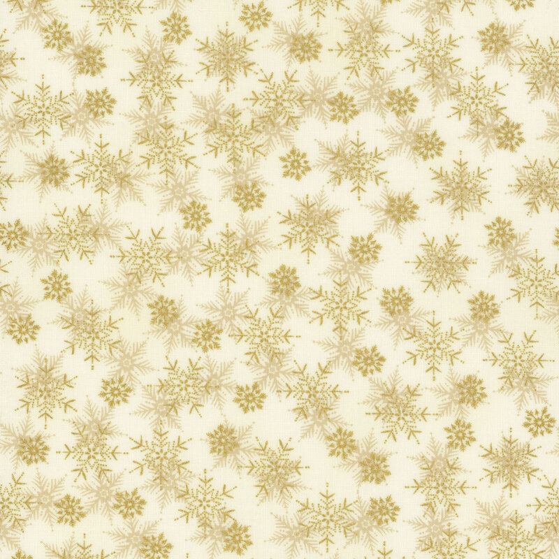 beautiful cream fabric with scattered tonal and metallic gold snowflakes