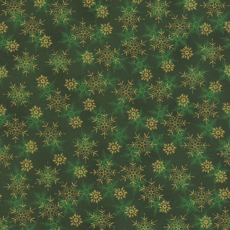 beautiful emerald green fabric with scattered tonal and metallic gold snowflakes
