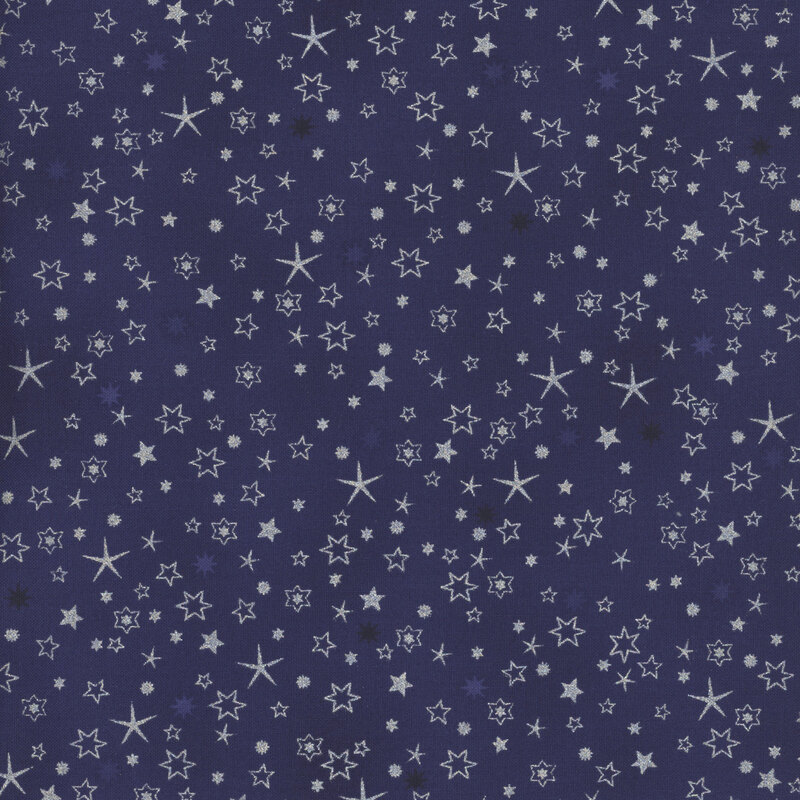 lovely rich blue fabric with scattered tonal and metallic silver stars