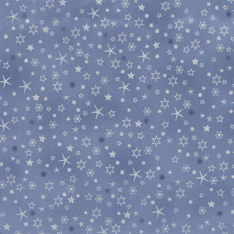 lovely denim blue fabric with scattered tonal and metallic silver stars